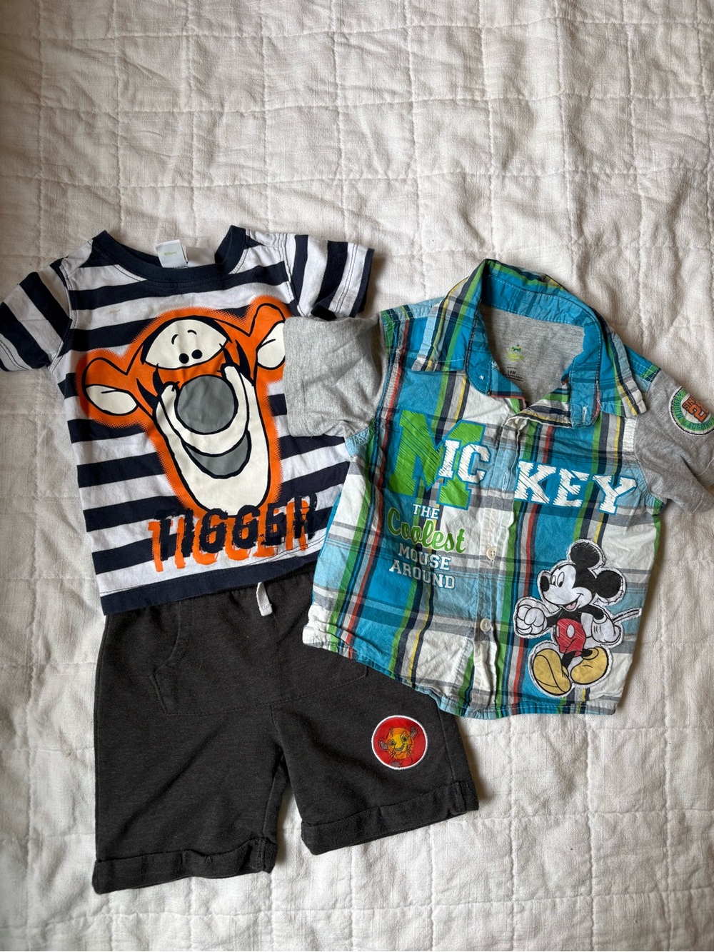 Y2K Disney Tigger Stripe Tee Set & Mickey Plaid Shirt Set Baby Boy 12-18 Months